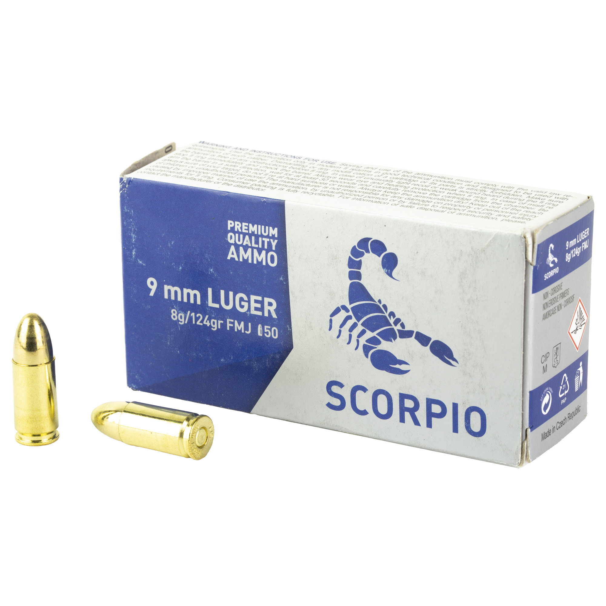  Technology Scorpio 9mm Luger 124 Grain Full Metal Jacket (FMJ) LIMIT 1 Ammo